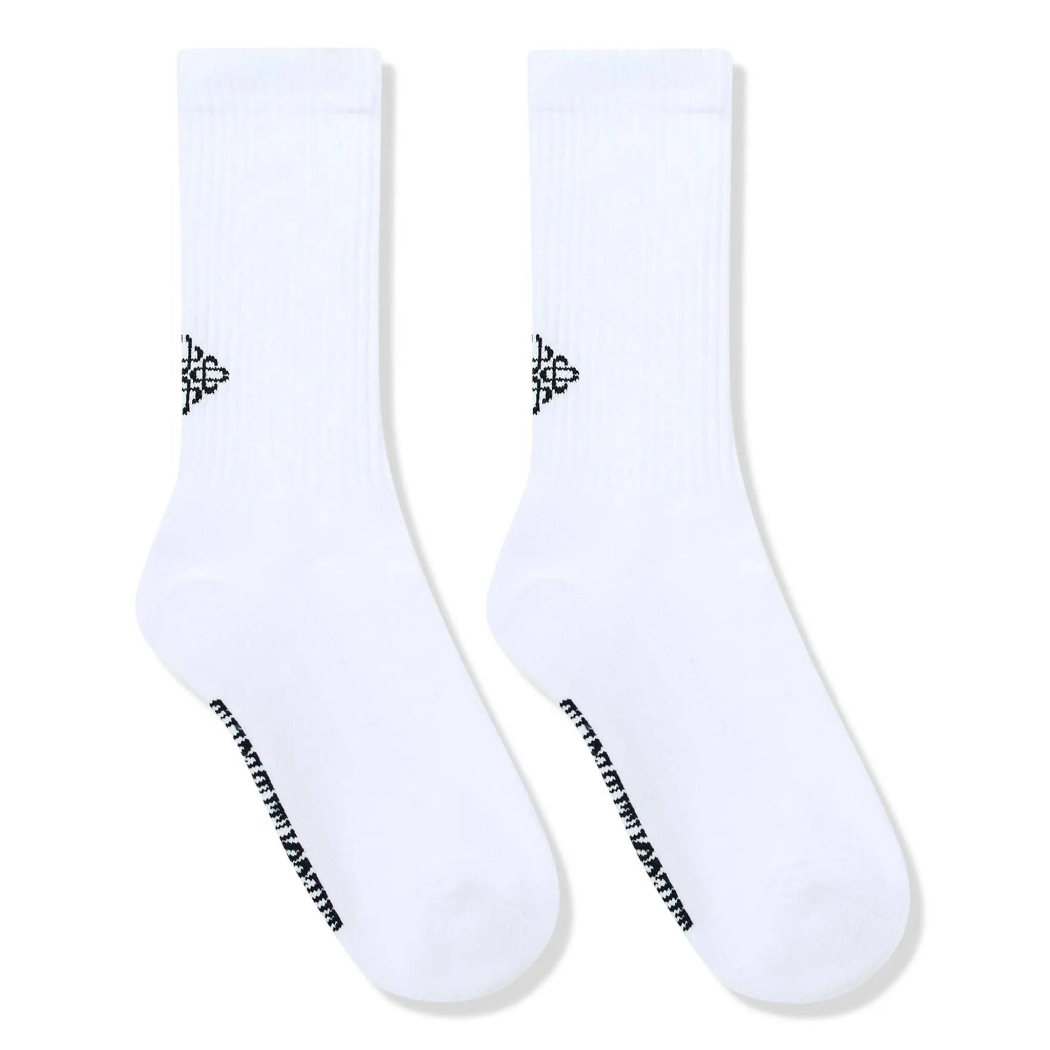 Front View of The Couture Club Reverse Emblem Copyright White Socks